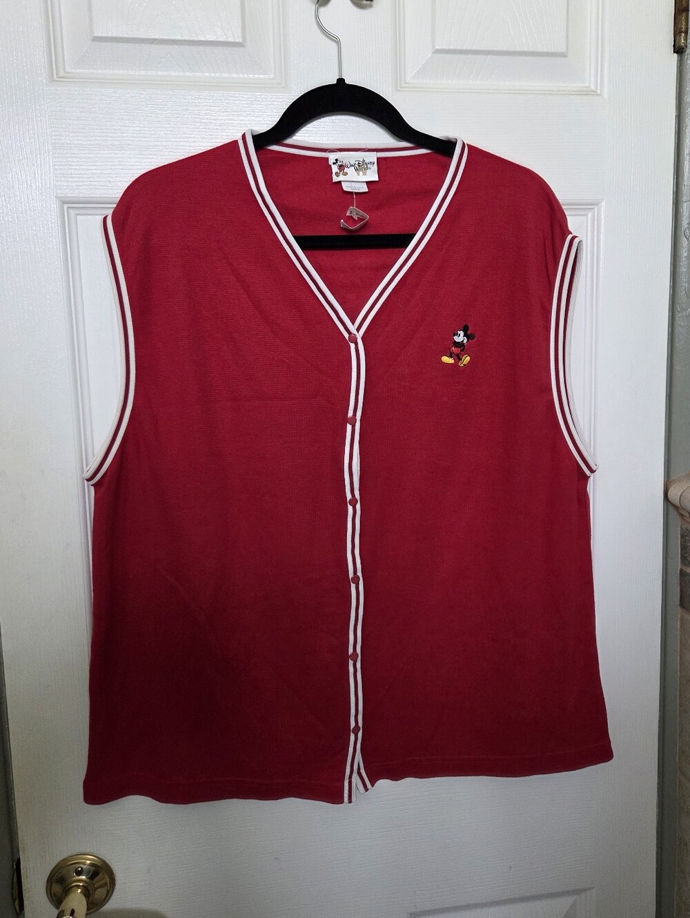 Disney VTG. Mickey Mouse Red V‑Neck Sleeveless Knit with White Trim Large NWT